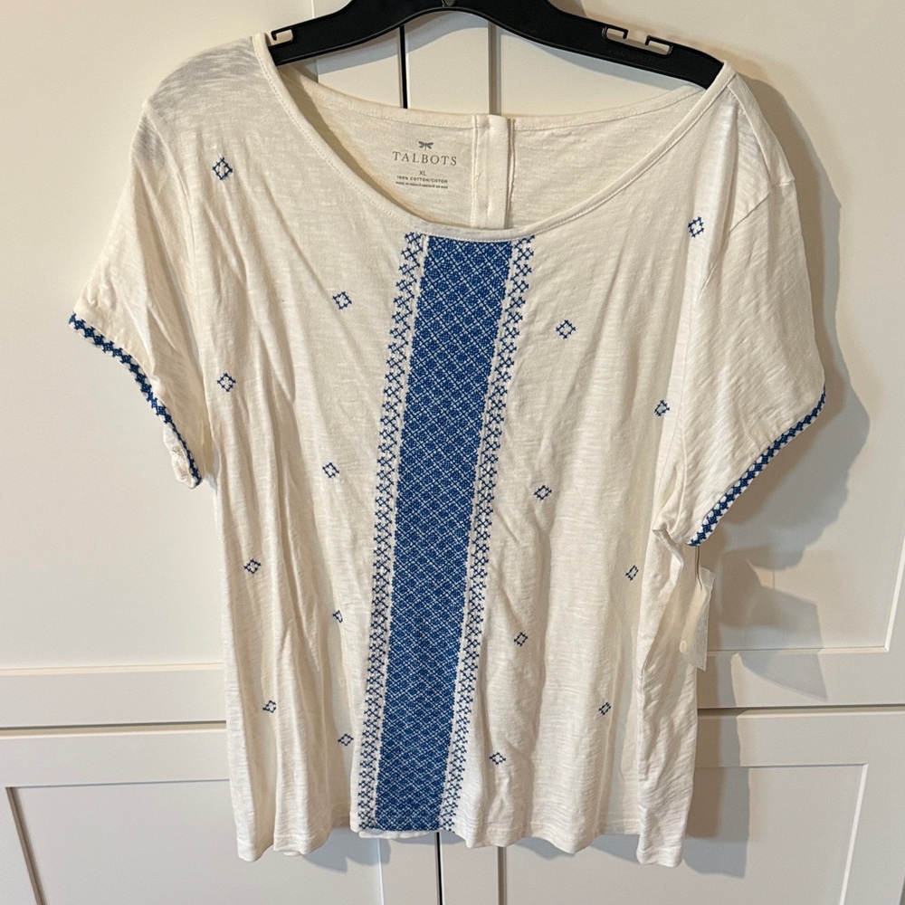 NWT Talbots White Short-Sleeve Tee with Blue Embroidered Center Panel and Trim